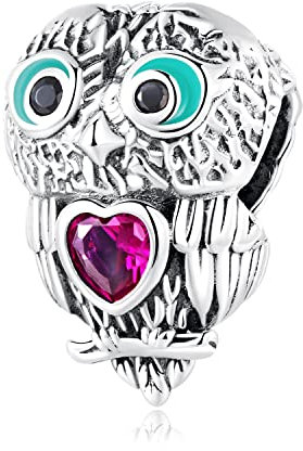 NewL 925 Sterling Silber Lebendige Eule Charms für Frauen Armband und Armreif Tierperlen mit Herz-Zirkon Schmuck