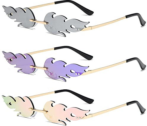 3 Flammen Sonnenbrille, Randlos Metall Brillenfassungen, Party Brille, Punk Stil Sonnenbrille, Modetrend Sonnenbrille, Mehrfarbig Flammen Brille, Creative Unisex Sonnenbrille, Silber, Lila, Rosa