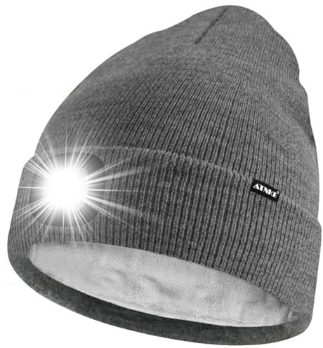ATNKE LED Mütze mit Licht,Wiederaufladbare USB 4 LED Beleuchtete Laufmütze Extrem Heller Lampe Winter Warme Gefüttertes Fleece Stricken Mütze für Herren und Damen Geschenke/Grey