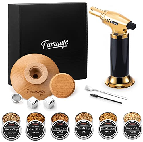 FUMANTE Cocktail Smoker Kit with Torch, 6 Flavors Wooden Chips, 2 Ice Cubes, Brush & Spoon, Old Fashioned Cocktail Kit, Old Whiskey Smoker Drink Smoker Infuser Kit (No Butan)