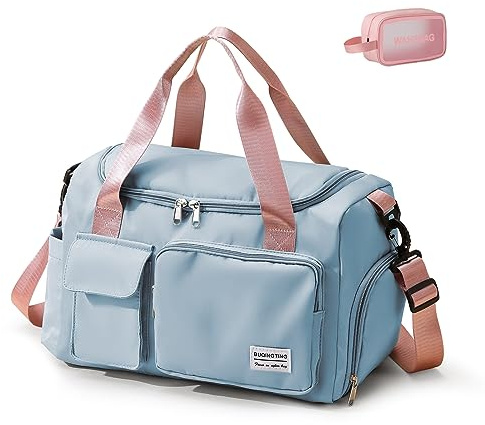Small Women's Gym & Travel Duffle Bag, Weekender with Shoe Compartment, 12#Blue&Pink