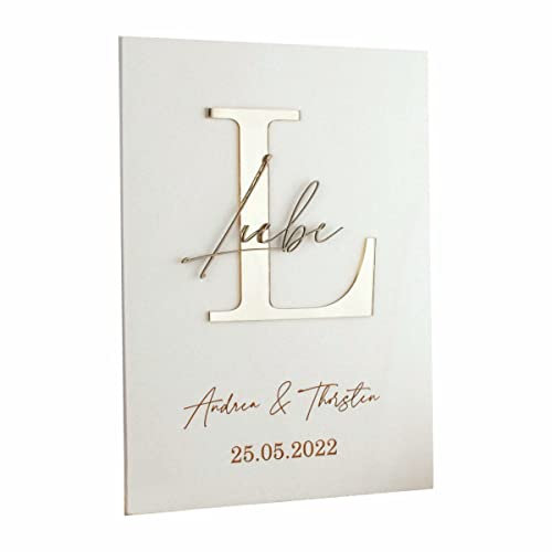 KT-Schmuckdesign Holzbild A4 mit Gold oder Silber Buchstaben 3D/ Wunschgravur - Geschenkidee Hochzeit Valentinstag Pärchen Familie Wunschtext individuell