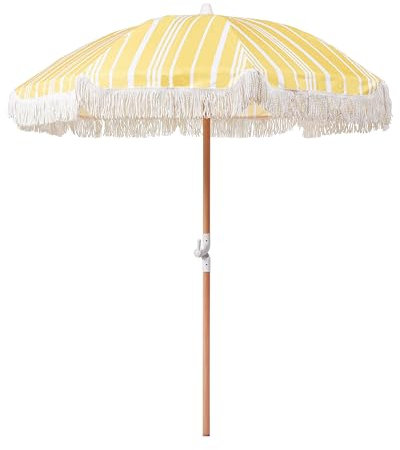 Sonnenschirm mit Volant Regenschutz Holzmast gelb rund ⌀ 150 cm Boho Mondello
