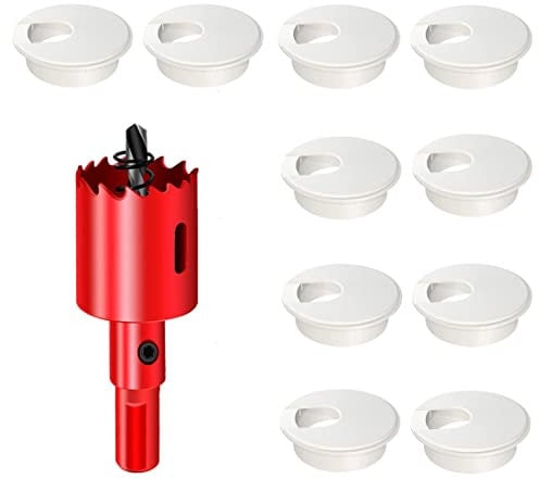 DuDuZui 10 Piezas Ojales de Escritorio, 35mm Blanco Cubiertas para Agujeros de Cable de Escritorio, Organizan Cables de Mesa de Oficina y Hogar, con Sierra Perforadoras (Blanco, 35mm)