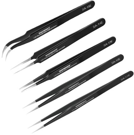 TOWOT Set di 5 Pinzette di Precisione, Pinzette Elettroniche per Creazione di Gioielli, Saldatura, Acciaio Inossidabile Antistatico Migliorato per Uso Industriale