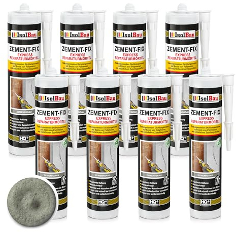 Isolbau Zement-Fix 8 x 300 ml Zementgrau Express Reperaturmörtel - Dichtungsmasse für Fugen & Risse im Innen- & Außenbereich, Kartusche
