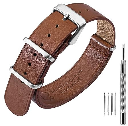 ANNEFIT Leder Uhrenarmband 18mm, Echtes Kalbsleder Einteiliges Militär Uhrenarmbänder für Herren und Damen mit Gebürstete Silberschnalle (Hellbraun)