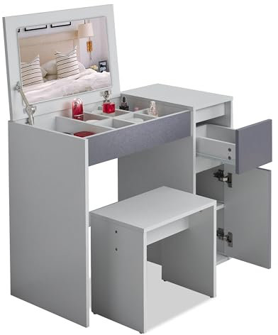 Blisswood Dressing Table with Flip Up Mirror and Stool, Vanity Makeup Table Drawers Storage Unit Cosmetic Bedroom Dresser Make Up Desk For Living Room, Bedroom Furniture (Light Grey/Dark Grey)