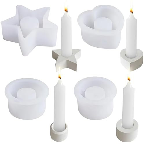 XINRANFF Silikonformen Gießformen, 4 Stück Silikonform Kerzenhalter, Gießform Silikonform Stabkerze Silikonform Runder Stern Herz für DIY Kerzenständer Kunst Heimdekoration Ostern