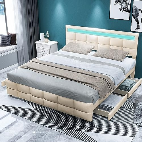 KUAKE Polsterbett 180 x 200 cm, Doppelbett LED-Bettgestell mit 4 Schubladen, Lattenrost und Rückenlehne, Hautfreundliches Doppelbett aus Samtstoff für Erwachsene und Jugendliche (Beige)