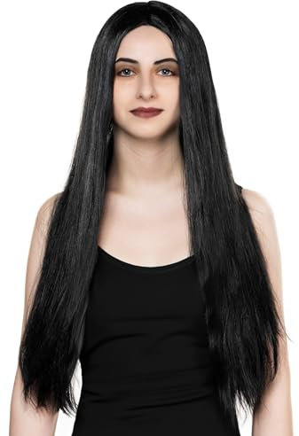Schwarze Glatte Gothic Langhaar-Perücke - Kostüm-Accessoire für Halloween, Karneval & Motto-Party