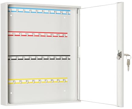 LEOMAR Schlüsselschrank, Schlüsselkasten mit 40 Haken, Schlüsselbox aus Stahlblech mit Glastüren, mit Festen Hakenleisten, Organizer zur Wandbefestigung, Abschließbar, 6 x 35 x 42 cm