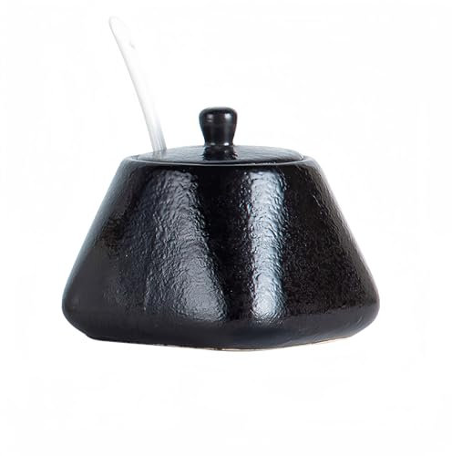 Dowbom Japanische Zuckerdose mit Deckel und Löffel, Zuckertopf, Zuckerbehälter, Gewürzglas (Schwarz, 340 ml)