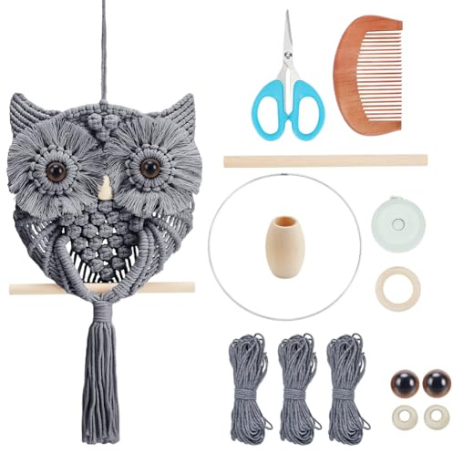 FREEBLOSS Makramee-Eulen-Set, Makramee-Wandteppich, Wandbehang, 90 m, Baumwollkordel, Makramee-Set für Anfänger mit Video-Tutorial, Makramee-Wandkunst für Schlafzimmer, Dekoration, Grau