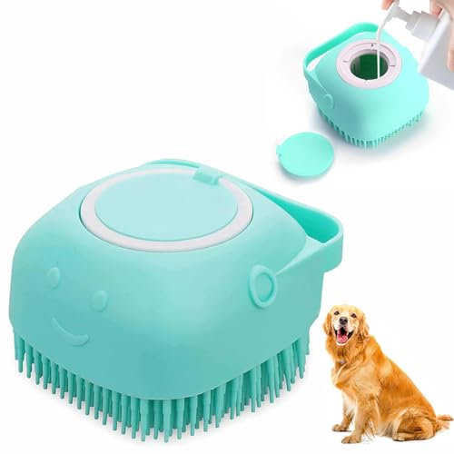 KISUOMAOYI Dog Bath Brush, Puppy Pet Massage Bath Brush, Shampoo Bubble Brush Silicone Dog Shampoo Brush with Loop Handle, Dispenser Grooming Shower Brush for Short Long-Haired Dogs and Cats (Green)
