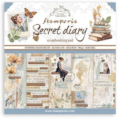 Stamperia - Scrapbook Paper Pad for Scrapbooking, Albums, Card Making, Bullet Journalling and More, Acid Free, Double-Sided, Perfect for Hobbies, Crafts, and Gifting (Secret Diary) (30.5 x 30.5cm)