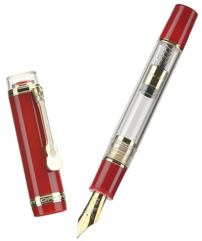 Jinhao 1935 Tiandao Fountain Pen, Size 8 Medium Nib, Golden Guitar Clip, Red and Transparent Acrylic with Converter