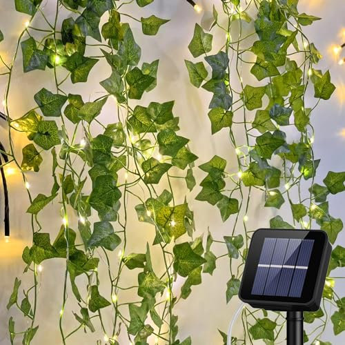 KAMEUN Lichterkette Efeu Künstlich 12M Außen Solar Efeugirlande mit 100LED 8 Modi Wasserdicht Solarlichterkette für Garten, Balkon, Hochzeit, Zaun, Camping, Weihnachten, Dekorationen