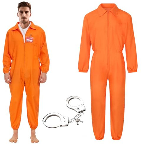 Mineup Gefängnis Kostüm Orange, Häftling Kostüm Herren, Classic Prisoner Overall mit Handschellen, Sträfling Gefangene Kostü Karneval Cosplay, Costumes Erwachsenenkostü(165-180cm)