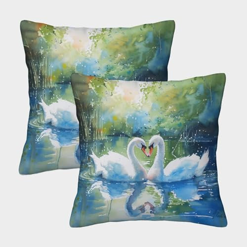 KKOLASXZE Swan Kissen Bezug 2er Set Kissenbezüge Wohnzimmer Kissenhülle Sofakissen Polyester Polster Textil Für Sofa Bett Garten Balkon Kinderzimmer Zierkissen 50x50cm