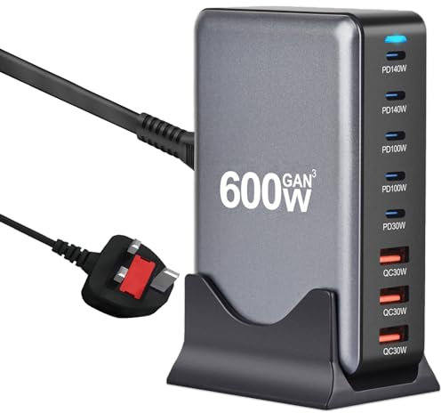 600W USB C Charging Station Hub,Upgraded GaN III 8-Port Fast Charger Block,PD 65W Laptop Charger Power Adapter Compatible with MacBook Pro/Air,Steam Deck,Dell XPS,iPhone 16 Pro/15,Galaxy S24/S23 etc
