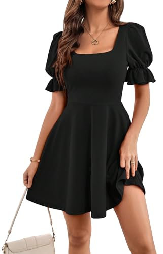 GORGLITTER Women's Square Neck A Line Mini Dress Puff Short Sleeve Plain Elegant Casual Skater Dresses Plain Black Small