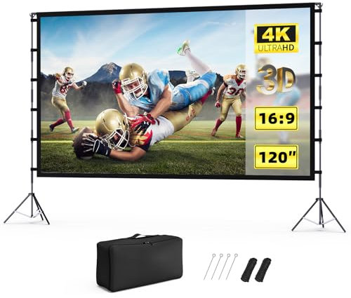 KHQ Écran de projection d'extérieur avec support portable pliable de 304,8 cm, écran de film intérieur de 3 m avec sac de transport pour cinéma maison, arrière-cour, soirée cinéma