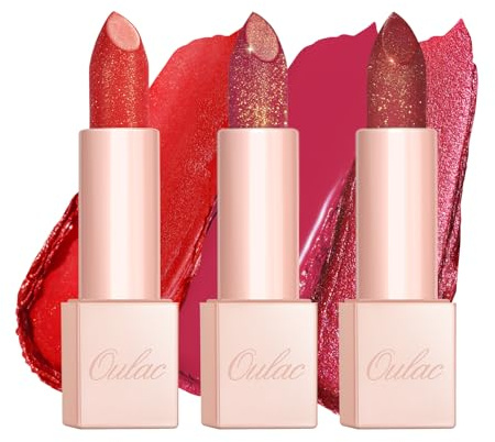 OULAC Feuchtigkeits Glanz Lippenstift Rot Set, Schimmernder mit Glänzender Oberfläche, Cremige Textur, Lippenpflege für Feuchtigkeitsspendende Lippen, Vegan