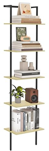 POBOMULI 5-Tier Ladder Shelf, Wall Mounted Ladder Bookshelf with Metal Frame, Wood Tall Open Storage Rack and Display Shelves for Home Office Bedroom Living Room, Light Oak
