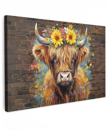 MuchoWow© Impressions sur Toile 120x80 cm Deco Tableau Murale Decoration Salon Peinture Tableaux Chambre Toiles Maison Graffiti - Highlander Écossais - Animal - Fleurs