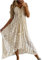 Générique Robe Longue Femme Ete Boheme Chic et Elegant Robe de Plage Dentelle avec Pompon Col en V évasé à Volants Bretelles Spaghetti Sexy Dos Nu Robes Trapeze Legere Fluide, Beige, XL
