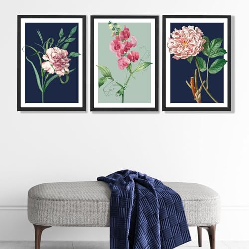 ARTZE Set of 3 Vintage Flowers Navy Blue and Sage Green Wall Art Prints Only Size: (A3-29.7 x 42 cm)