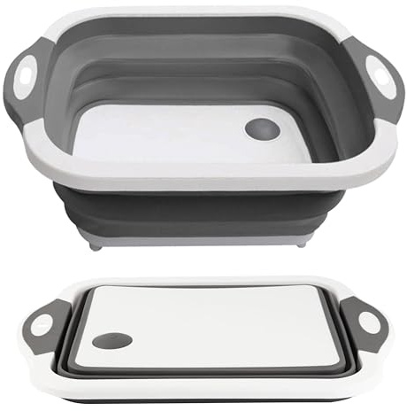 HMM LONDON Bassine à vaisselle pliable avec planche à découper intégrée, bac pliable multifonction pour cuisine et camping, bac à vaisselle portable avec bouchon pour laver, couper et égoutter (gris)