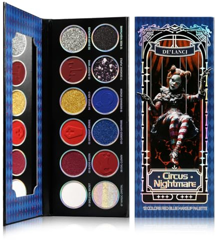 Gothy Lidschatten Blau Rote Palette Make-Up Eyeshadow, 12 Farben Burgunry Blau Red Lidschattenfarben Schimmer Multichrome Matt Glitter eye shadow für Smokey Joker Gothic pigmentiert SFX Kostüm looks