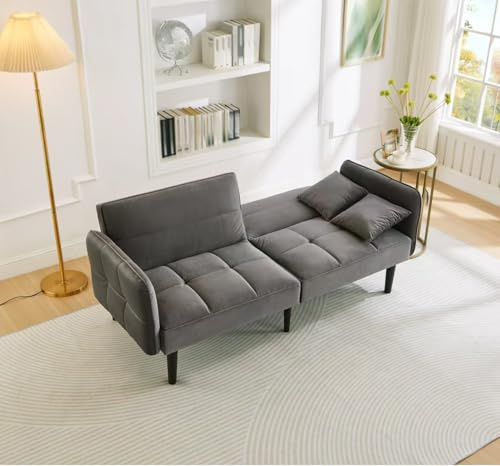 OKMYHOME Schlafsofa, gerade, 2-Sitzer, mit klappbaren Armlehnen, moderner Stil, Samt, bequem, Füße aus Holz, Grau
