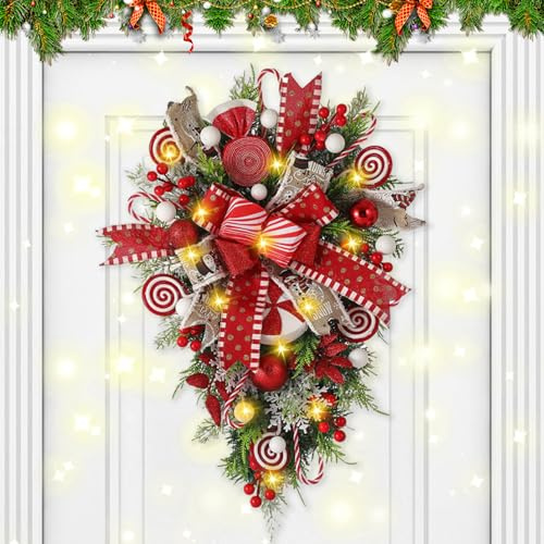 Türkranz Weihnachten Beleuchtet, 50CM Weihnachtskranz Haustür Künstlicher Türkranz mit 30LED Lichterketten Weihnachtsdeko Kranz mit Beleuchtung Weihnachtstürkranz für Haustür Wand Fenster Kamin (A)