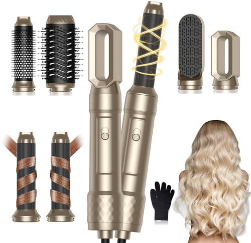 UKLISS Hairstyler 6 in 1 Airbrush Haarstyler | 1000W Pro Air Styler Set | Rundbürstenföhn, Air Curler, Warmluftbürste, Föhnbürste, Haartrockner, Glättbürste | Styling für Alle Haartypen (Gold)