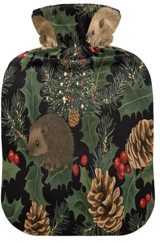 Wärmflasche, Igel, Weihnachtsbaum, Tannenzapfen, mit Fleece-Bezug, PVC, 2 Liter