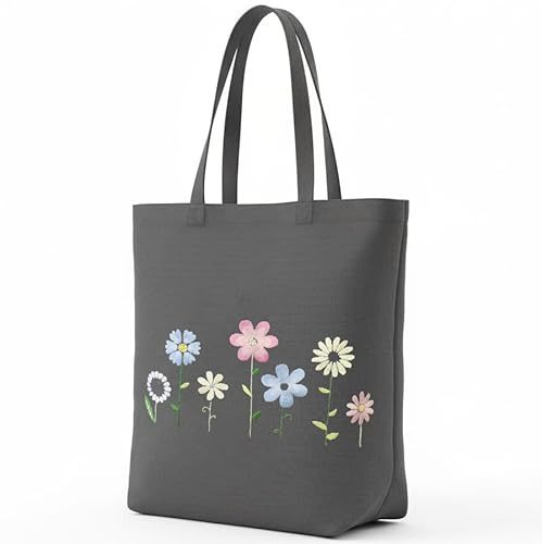 Delindo Lifestyle DIY Stickpackung Blümchen, graue Einkaufstasche, 44x37 cm, vorgedruckter Stoff mit Stickgarn