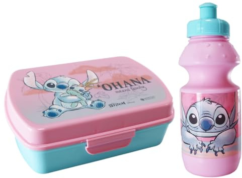 Disney Lilo und Stitch Lunch Set 2-TLG mit Brotdose und Trinkflasche 350 ml, Frühstücksset für Schule Ausflug, Rosa Blau