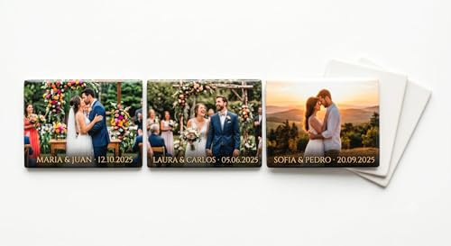 Pack 12 Imanes Cerámicos Personalizados con Foto Boda | Iman Nevera Ceramico Personalizado | Detalle Boda Invitados con Nombre y Fecha | Impresión UV Premium