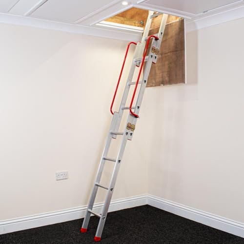 BPS® Sliding Loft Ladder with Spring Assist Pivot Arm, Handrail, D-Shaped Rungs, Inc. Stowing Pole, 150kg Load Capacity (3 Section + Acc)