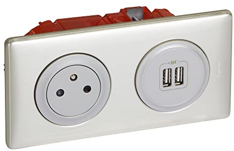 LEGRAND - Prise Electrique Murale + Double Chargeur USB Céliane Surface avec Plaque et Boîte à Encastrer - Prise Affleurante avec Socle Rétractable - Titane