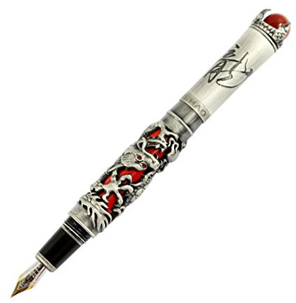 Gullor JinHao antike silberne Drachen-Stil 3D geschnitzte Füllfederhalter mit roter Perle, mittlere Spitze, schwarz & rot