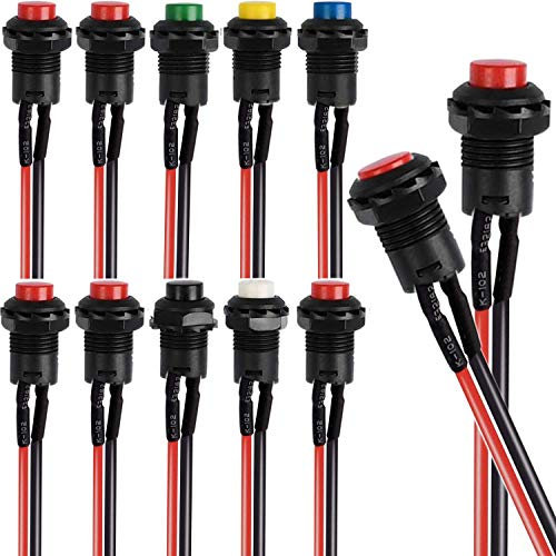 RUNCCI-YUN 10 Pcs SPST interruptor a pulsador redondo, 12V Interruptor de botón de Bloqueo, pulsador 12mm,interruptor spst,mini pulsadores electricos(AC 6A/125V 3A/250V)(Con linea)