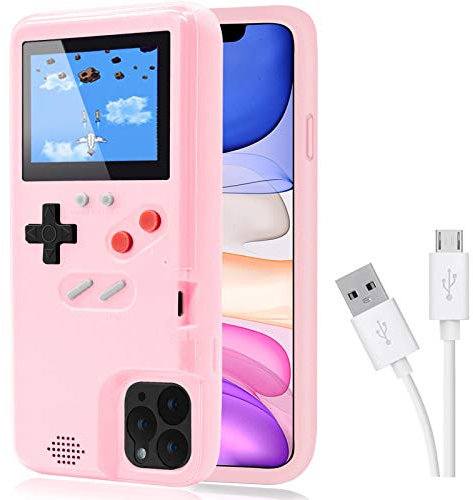 Dikkar Gameboy Retro Self Powered Protective Case for iPhone 11/12/Pro/MAX/12Mini/X/Xs/MAX/Xr/6s/7/8/Plus - 35 Little Games, Color Screen Pink