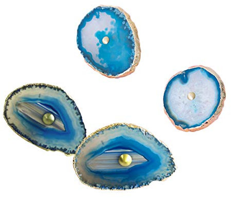 TentHome 4 Stück Kommodenknöpfe Möbelgriffe Schubladenknöpfe Möbelknauf Messing Möbelknöpfe Schrankknöpfe Garderobe Schrankgriff Natürliche Geode Achat Scheiben, Blau