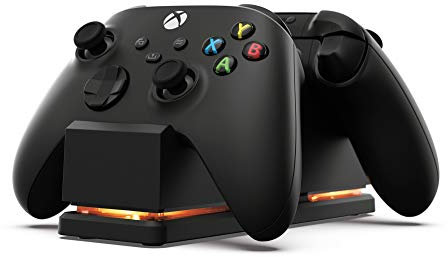 PowerA Dual Charging Station for Xbox X|S and Xbox One Wireless Controllers, 1 x Dual Controller Dock for Snap-Down Charging with LED colour Changing Indicator, 2 x Rechargeable Battery Packs - Black