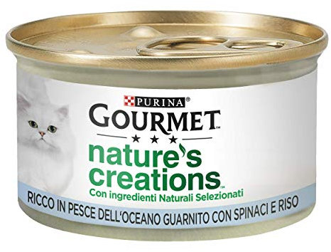 Purina Gourmet Nature's Creations Nassfutter für Katzen, reich an Meeresfisch, garniert mit Spinat und Reis, 24 Dosen à 85 g