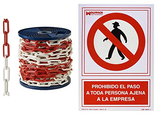 WOLFPACK LINEA PROFESIONAL 1041000 Cadena Plastico Bicolor 6mm Rollo 25 metros + 15050530 Cartel Prohibido el Paso Persona Ajena Empresa 30x21